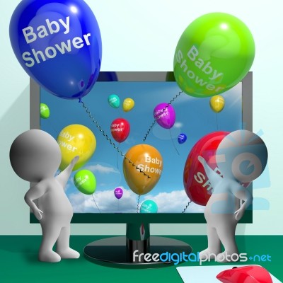 Baby Shower Balloons From Computer Showing Birth Party Invitatio… Stock Image
