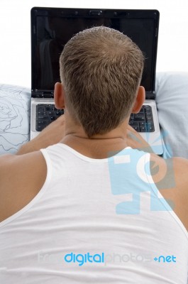 Back Pose Of Man Working On Laptop Stock Photo