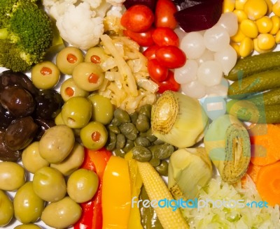 Background Of Healthy And Varied Vegetable Pickles Stock Photo
