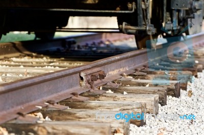 Background With The Railroad And Coming Train Stock Photo