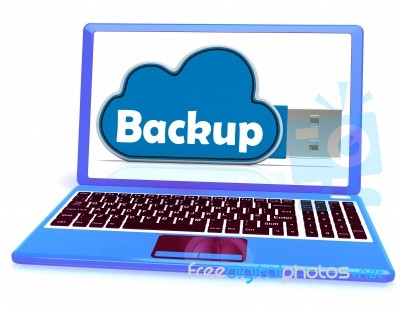 Backup Memory Stick Laptop Shows Files And Cloud Storage Stock Image