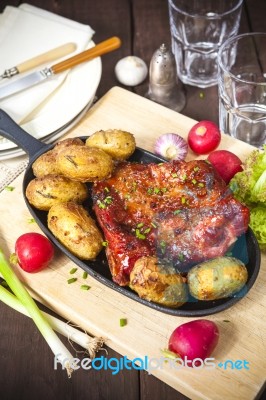 Bacon Rib And Potatoes. Farmhouse Style Meal Stock Photo