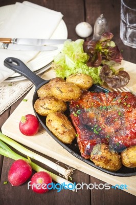 Bacon Rib And Potatoes. Farmhouse Style Meal Stock Photo