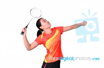 Badminton Player Isolated On White Background Stock Photo