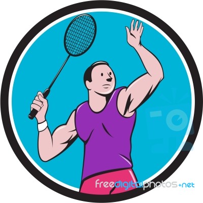 Badminton Player Racquet Striking Circle Cartoon Stock Image