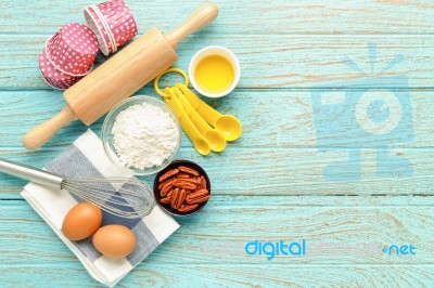 Baking Background With Ingredients And Utensils Stock Photo