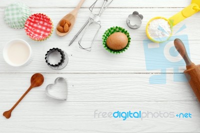 Baking Ingredients And Tool On White Wood Stock Photo