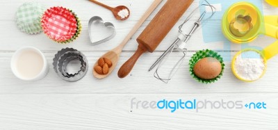Baking Ingredients On Wooden Table Stock Photo