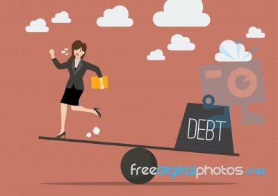 Balancing Between Business Woman And Debt Stock Image