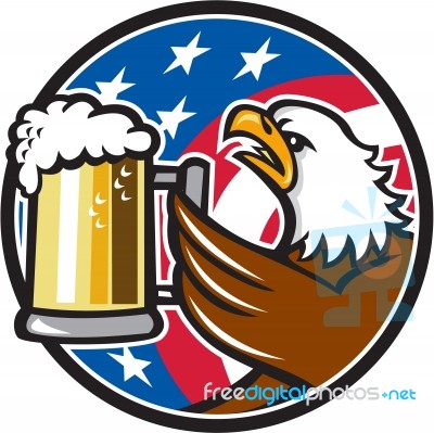 Bald Eagle Hoisting Beer Stein Usa Flag Circle Retro Stock Image