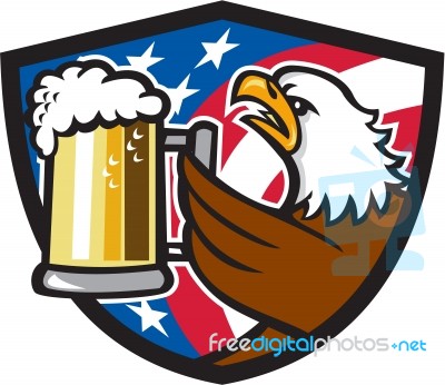 Bald Eagle Hoisting Beer Stein Usa Flag Crest Retro Stock Image
