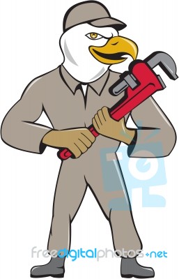 Bald Eagle Plumber Monkey Wrench Cartoon Stock Image