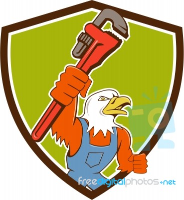 Bald Eagle Plumber Monkey Wrench Crest Cartoon Stock Image