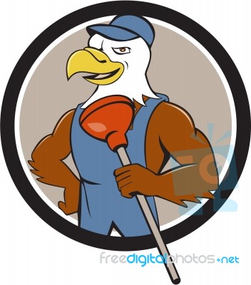 Bald Eagle Plumber Plunger Circle Cartoon Stock Image