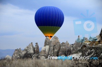 Balloons At Valley In Cappadocia Stock Photo