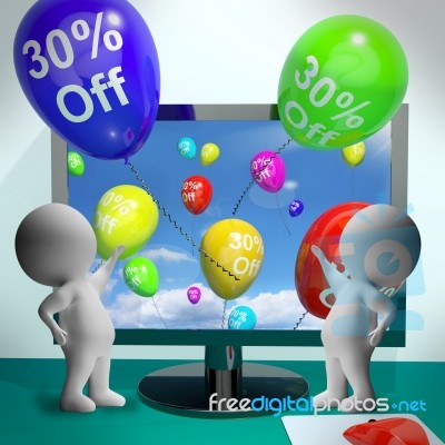 Balloons From Computer Showing Sale Discount Of Thirty Percent Stock Image