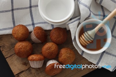 Banana Cake Honey Sweet Pastries Dessert Eating Yummy Bakery Rustic Still Life Stock Photo