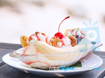 Banana Split Ice Cream With Whipped Cream And Cherry Stock Photo