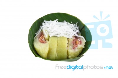 Banana Steam In Stocky Rice On Banana Leaf Stock Photo