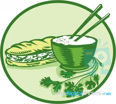 Banh Mi Rice Bowl Coriander Circle Retro Stock Image