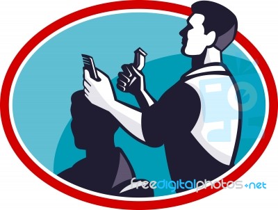 Barber Cutting Hair Barbershop Retro Stock Image
