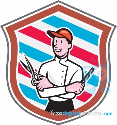 Barber Holding Scissors Comb Shield Cartoon Stock Image