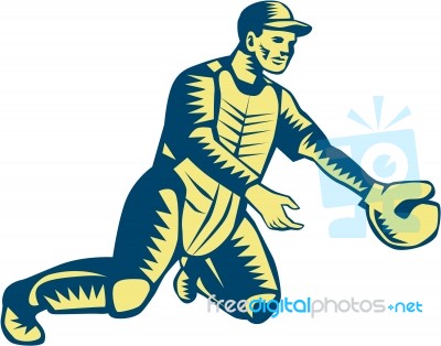 Baseball Catcher Catching Woodcut Stock Image