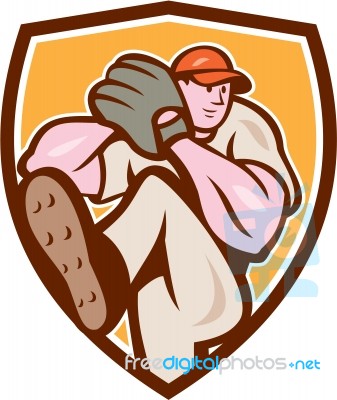 Baseball Pitcher Outfielder Leg Up Shield Cartoon Stock Image