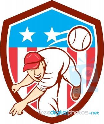 Baseball Pitcher Outfielder Throwing Ball Shield Cartoon Stock Image