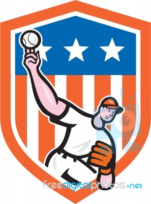 Baseball Pitcher Throw Ball Shield Cartoon Stock Image