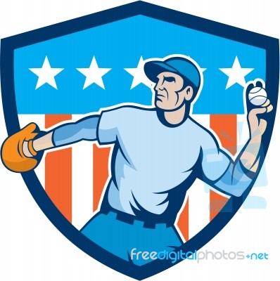 Baseball Pitcher Throwing Ball Shield Cartoon Stock Image
