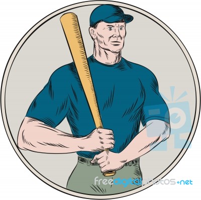 Baseball Player Batter Holding Bat Etching Stock Image
