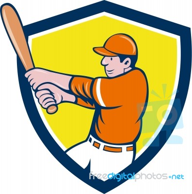 Baseball Player Batter Swinging Bat Crest Cartoon Stock Image