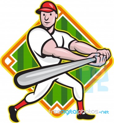 Baseball Player Batting Diamond Cartoon Stock Image