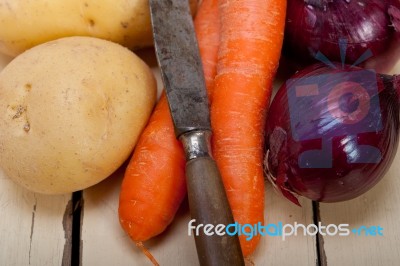 Basic Vegetable Ingredients Carrot Potato Onion Stock Photo