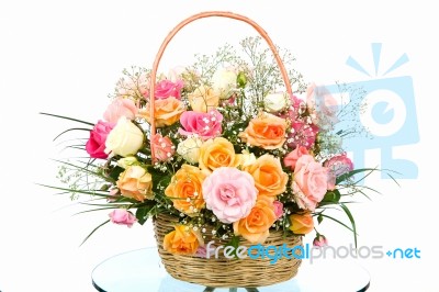 Basket With Colored Roses Stock Photo