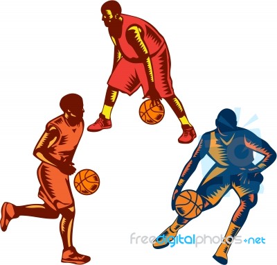 Basketball Player Dribble Woodcut Collection Stock Image