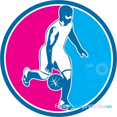 Basketball Player Dribbling Ball Circle Retro Stock Image