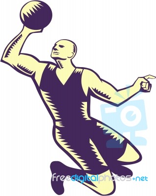 Basketball Player Dunk Ball Woodcut Stock Image