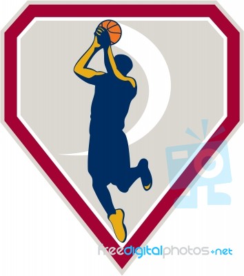 Basketball Player Jump Shot Ball Shield Retro Stock Image