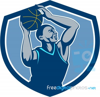 Basketball Player Rebounding Ball Crest Retro Stock Image