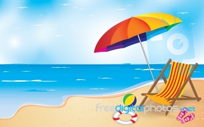 Beach And Umbrella And Chair. Summer Beach Background Stock Image