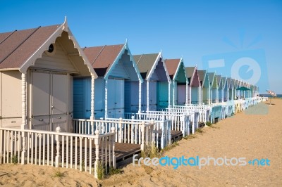 Beach Huts At West Mersea Stock Photo