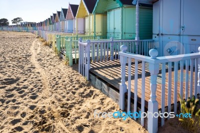 Beach Huts At West Mersea Stock Photo