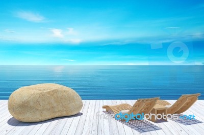 Beach Lounge, Sundeck Over Blue Sea And Sky, Summer Holiday Vacation Concept Stock Image