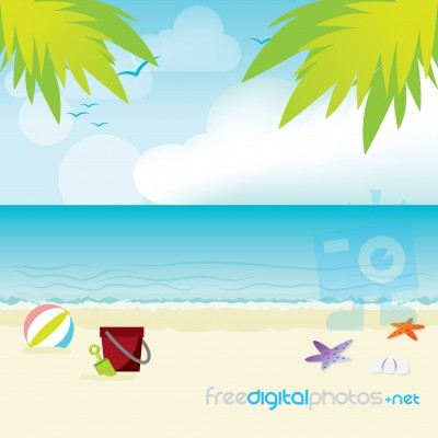 Beach, Summer, , Sand, Sea, Tropical, Illustration, Backgr Stock Image