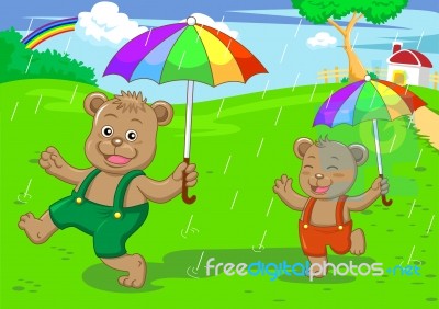 Bear Brothers In Raining Day Stock Image