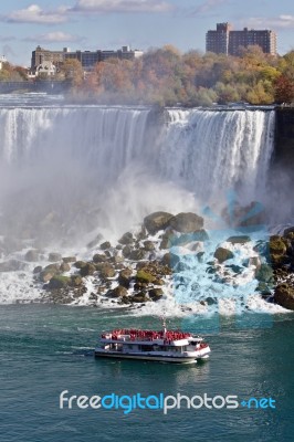Beautiful Background With Amazing Niagara Waterfall And A Ship Stock Photo