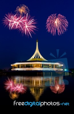 Beautiful Building With Fireworks Stock Photo