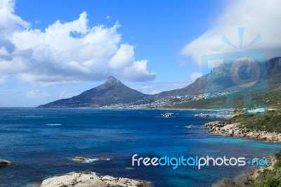 Beautiful Camps Bay Beach And Lion Head Mountain Chain Stock Photo